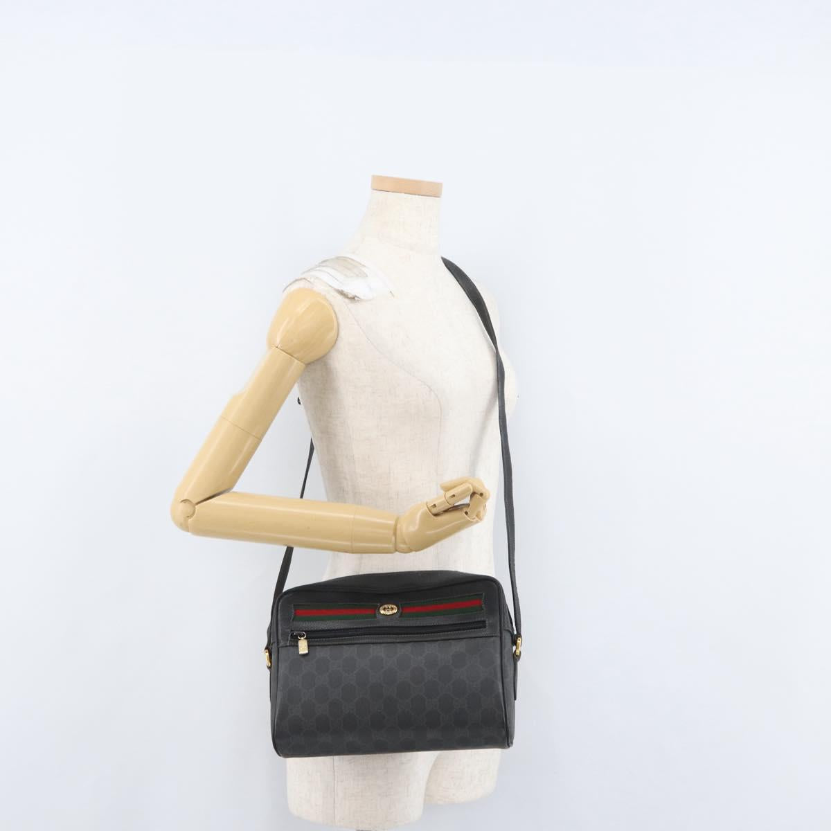 GUCCI GG Supreme Web Sherry Line Bag PVC Black Gold 72 02 088 Auth 170825A