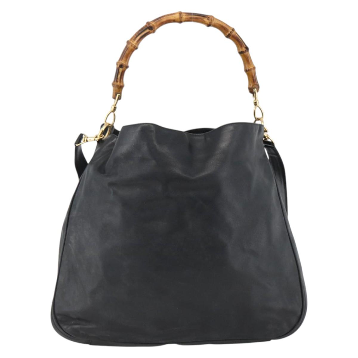 GUCCI Bamboo Shoulder Bag Leather 2way Black Gold 001 1781 1577 Auth 170828