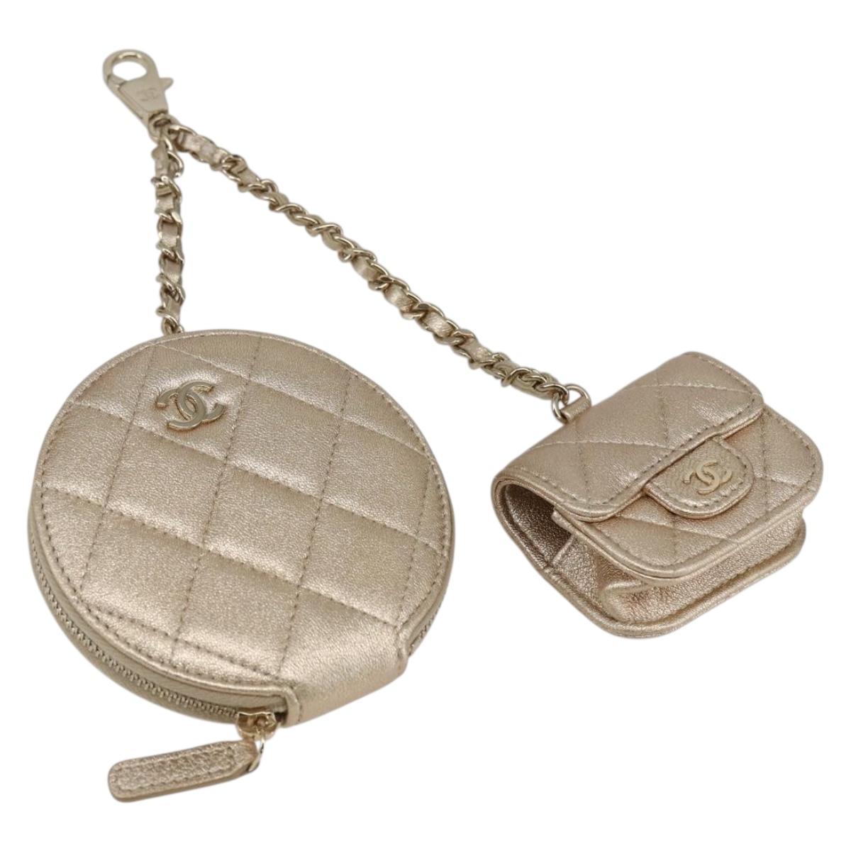 CHANEL Matelasse Coin Purse & AirPods Case Pouch Leather Gold CC Auth 170846SM