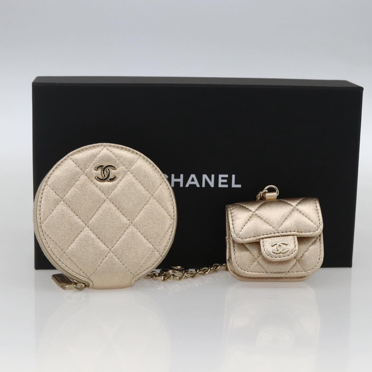 CHANEL Matelasse Coin Purse & AirPods Case Pouch Leather Gold CC Auth 170846SM