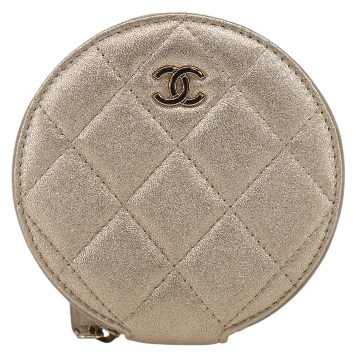 CHANEL Matelasse Coin Purse & AirPods Case Pouch Leather Gold CC Auth 170846SM