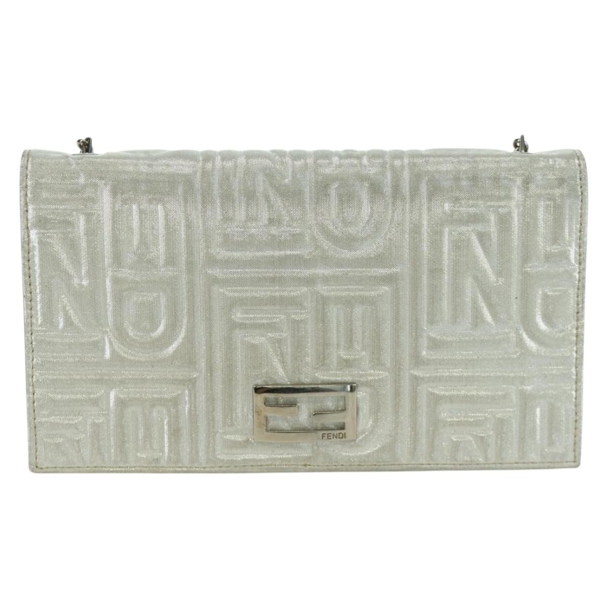 FENDI Chain Wallet Shoulder Bag Leather Silver Auth 170855V