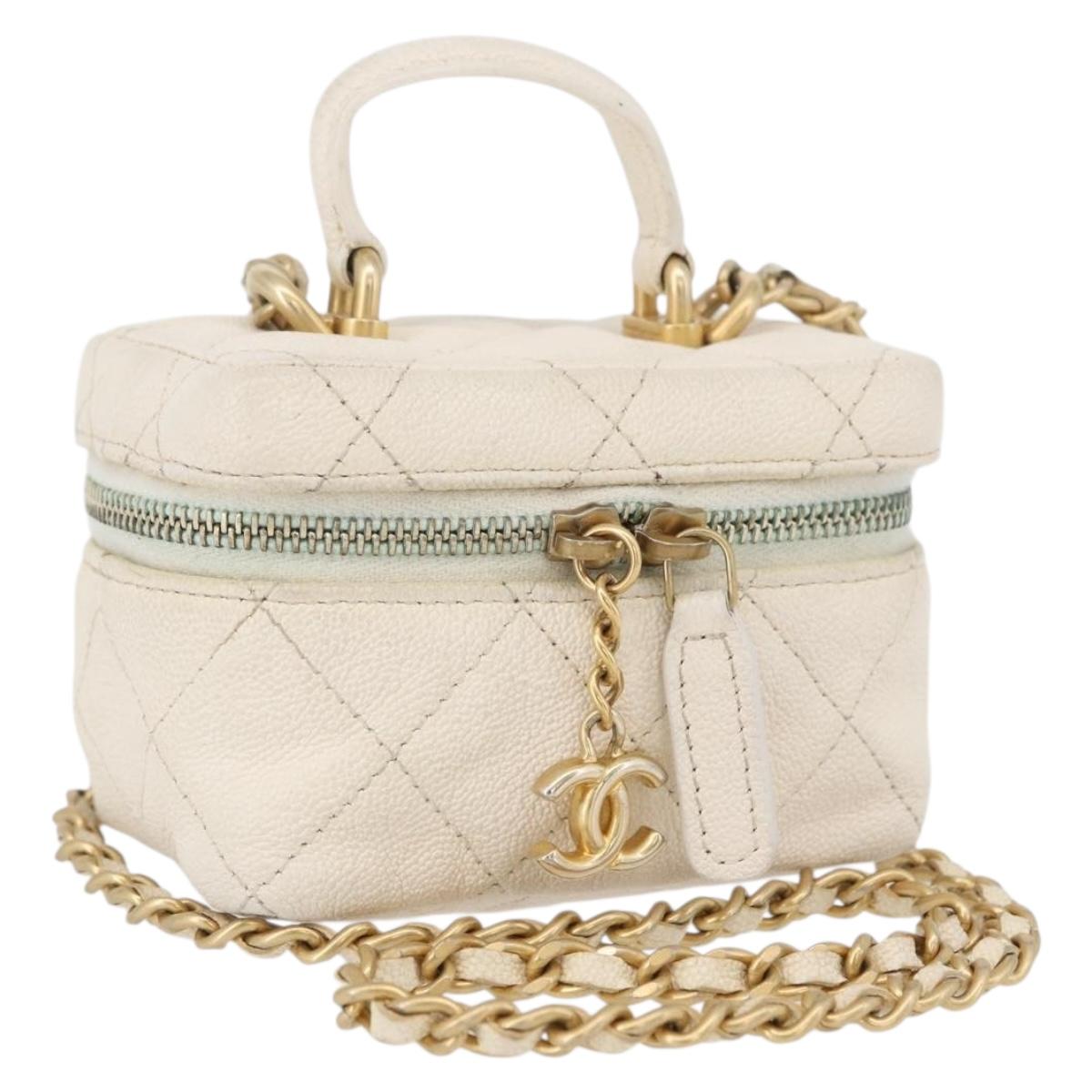 CHANEL Matelasse Vanity Chain Bag Caviar Skin White Gold CC Auth 170858A