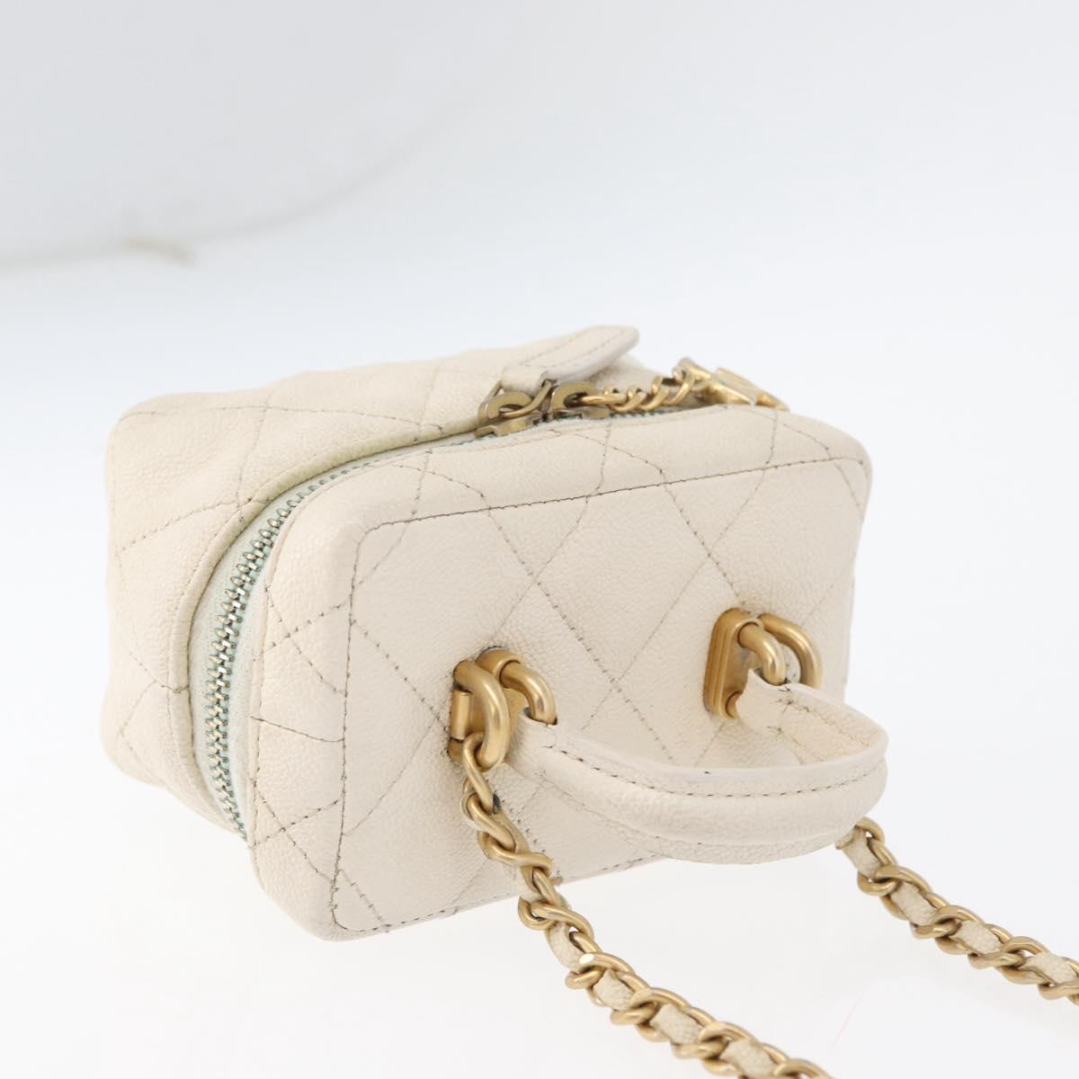 CHANEL Matelasse Vanity Chain Bag Caviar Skin White Gold CC Auth 170858A