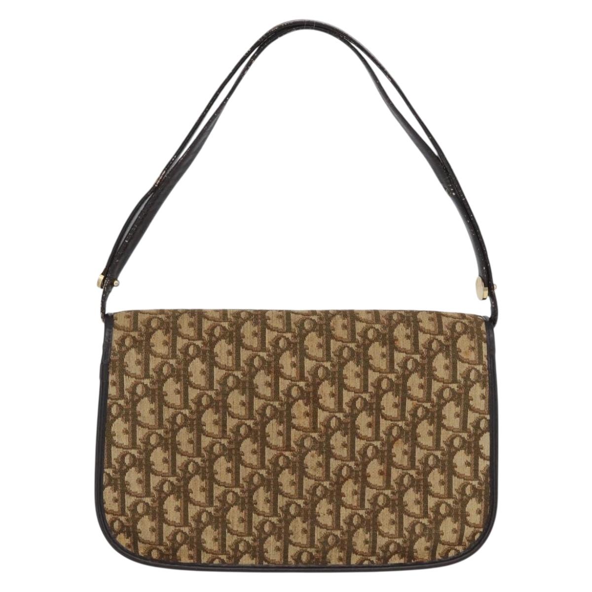 Christian Dior Trotter Canvas Shoulder Bag Beige Gold Auth 170884