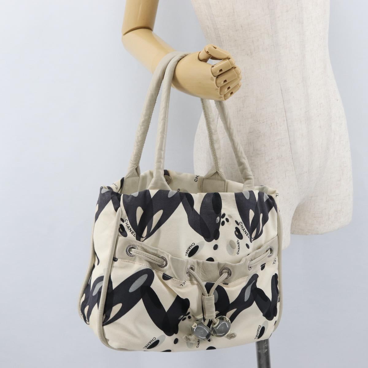 CHANEL Tote Bag Canvas White Silver CC Auth 170892