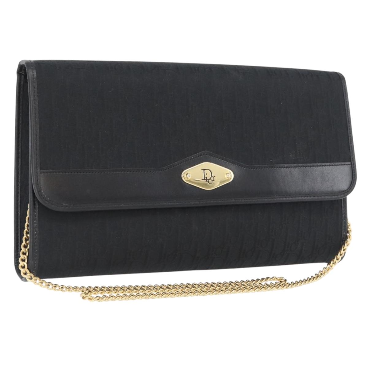 Christian Dior Trotter Canvas Chain Shoulder Bag Black Gold Auth 170904