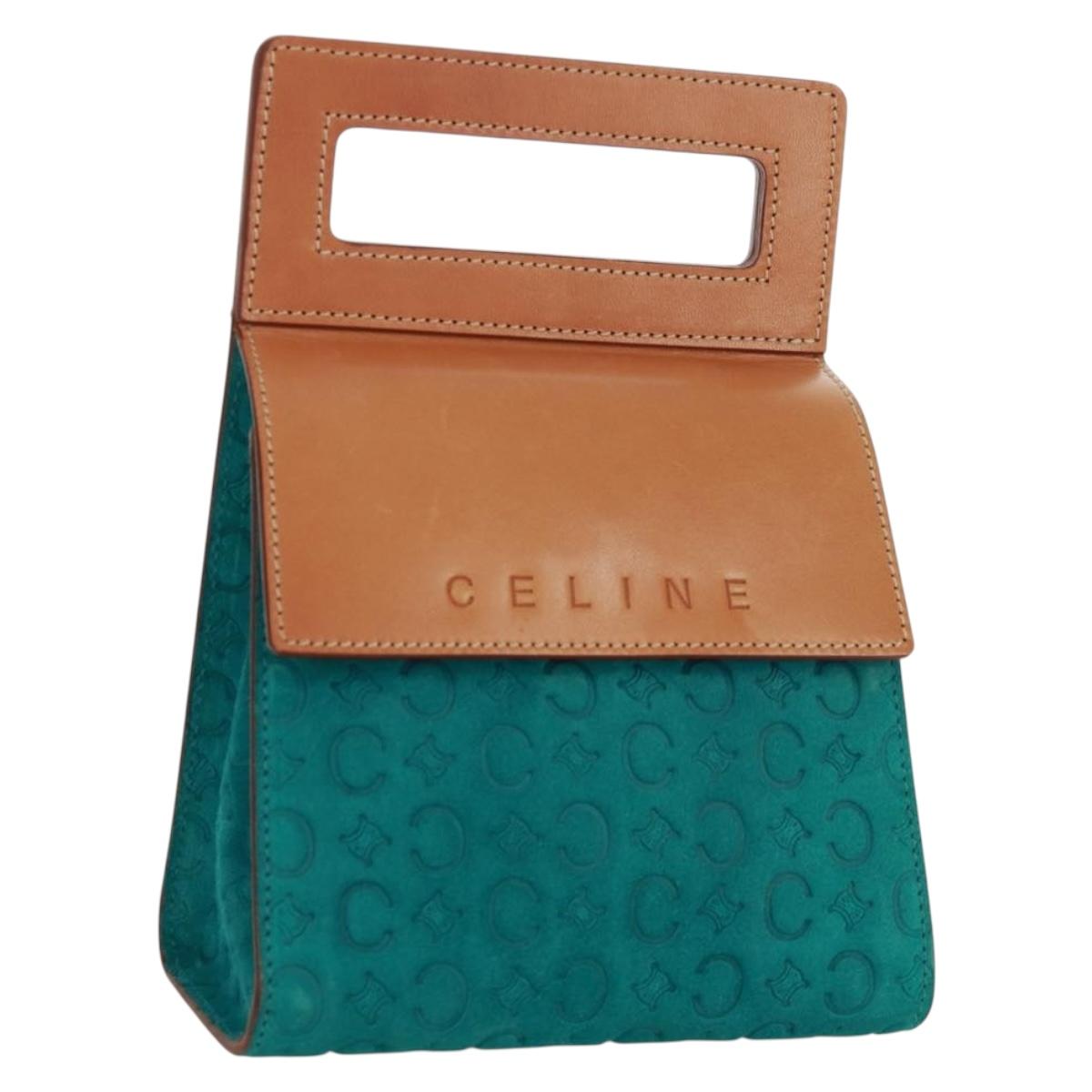 CELINE C Macadam Canvas Hand Bag Suede Turquoise Blue Silver Auth 170908V