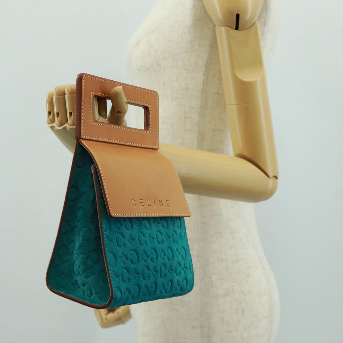 CELINE C Macadam Canvas Hand Bag Suede Turquoise Blue Silver Auth 170908V