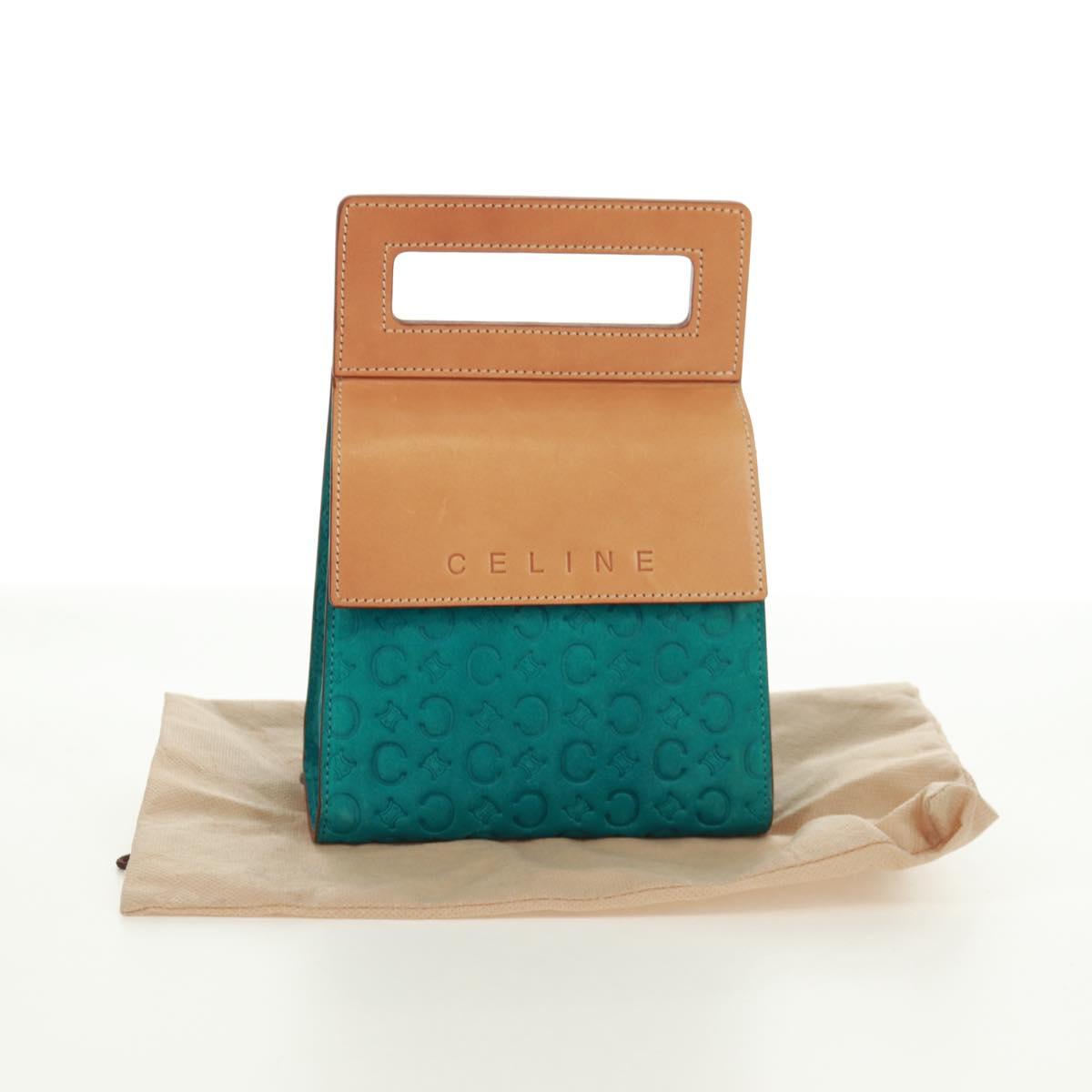 CELINE C Macadam Canvas Hand Bag Suede Turquoise Blue Silver Auth 170908V