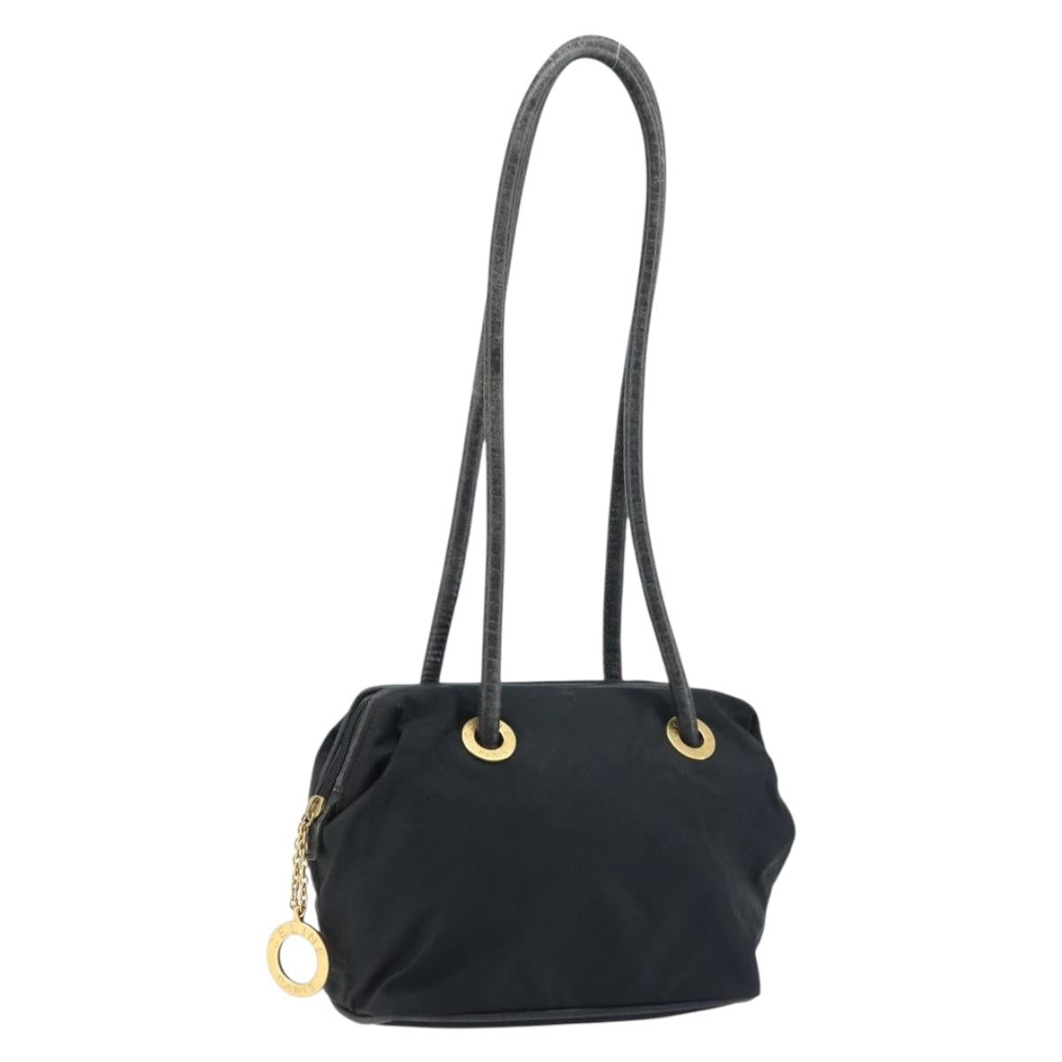 CELINE Circle Shoulder Bag Nylon Leather Black Gold Auth 170915