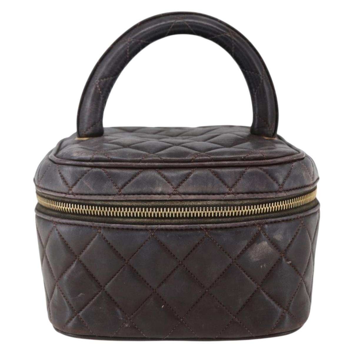 CHANEL Matelasse Vanity Hand Bag Lamb Skin Dark Brown Gold CC Auth 170916