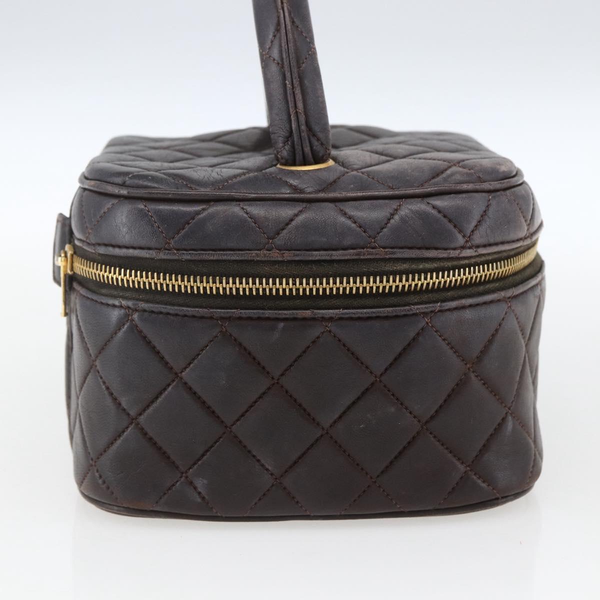 CHANEL Matelasse Vanity Hand Bag Lamb Skin Dark Brown Gold CC Auth 170916