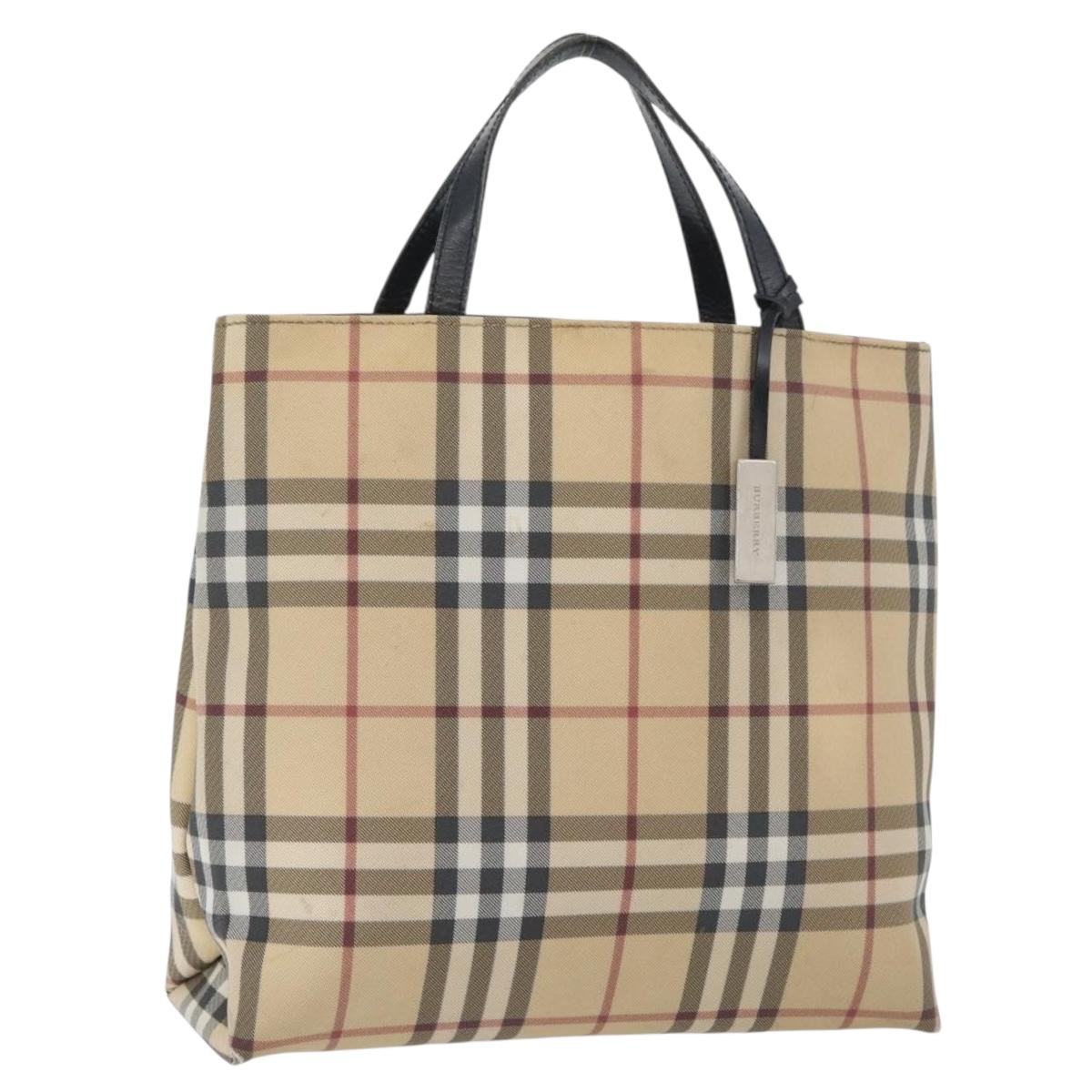 BURBERRY Nova Check Hand Bag PVC Beige Silver Auth 170920