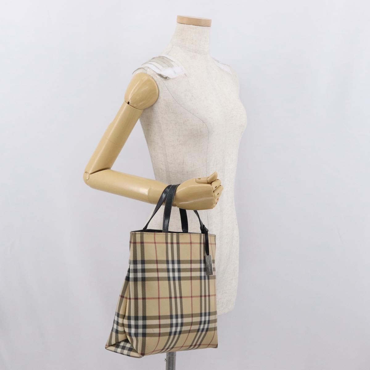 BURBERRY Nova Check Hand Bag PVC Beige Silver Auth 170920