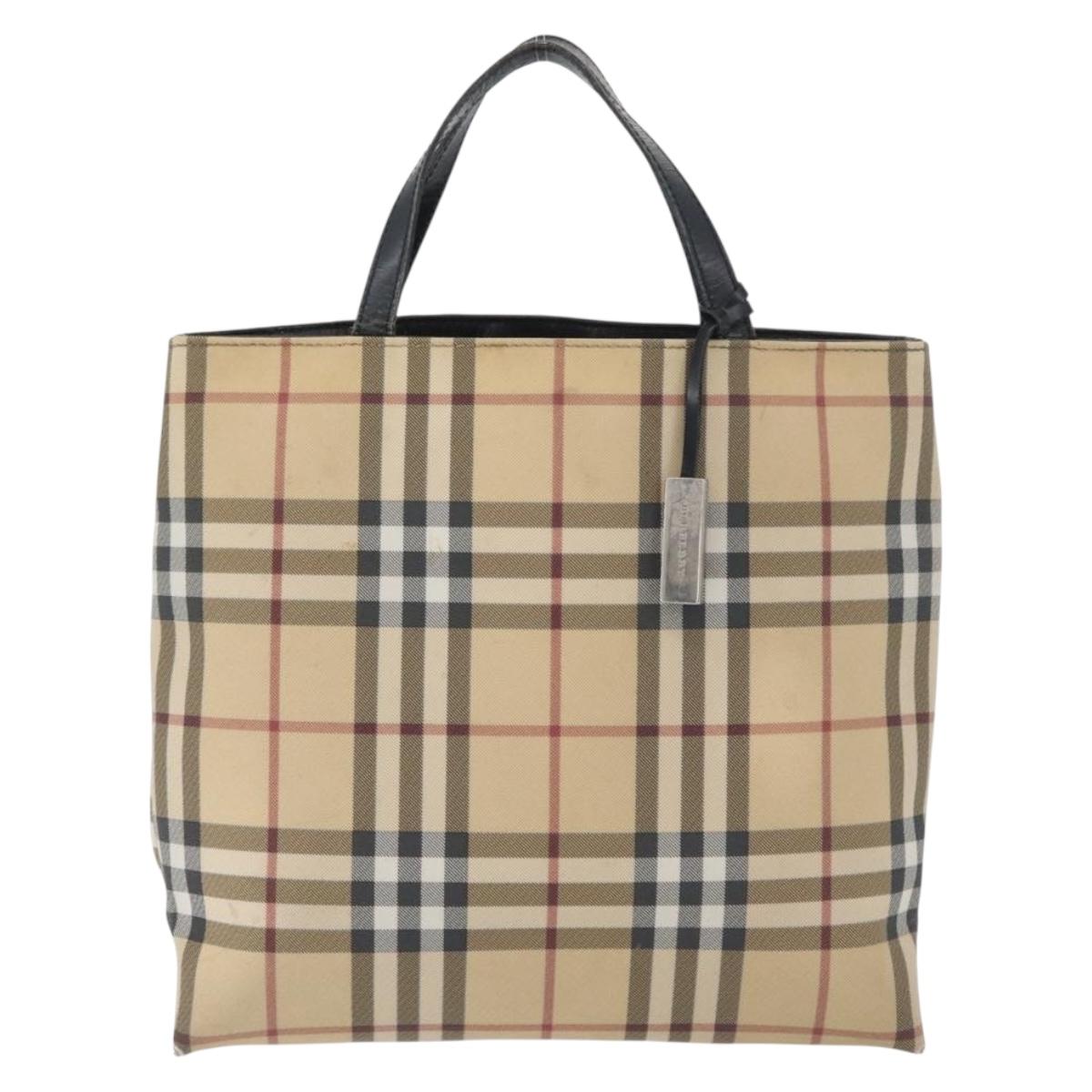 BURBERRY Nova Check Hand Bag PVC Beige Silver Auth 170920