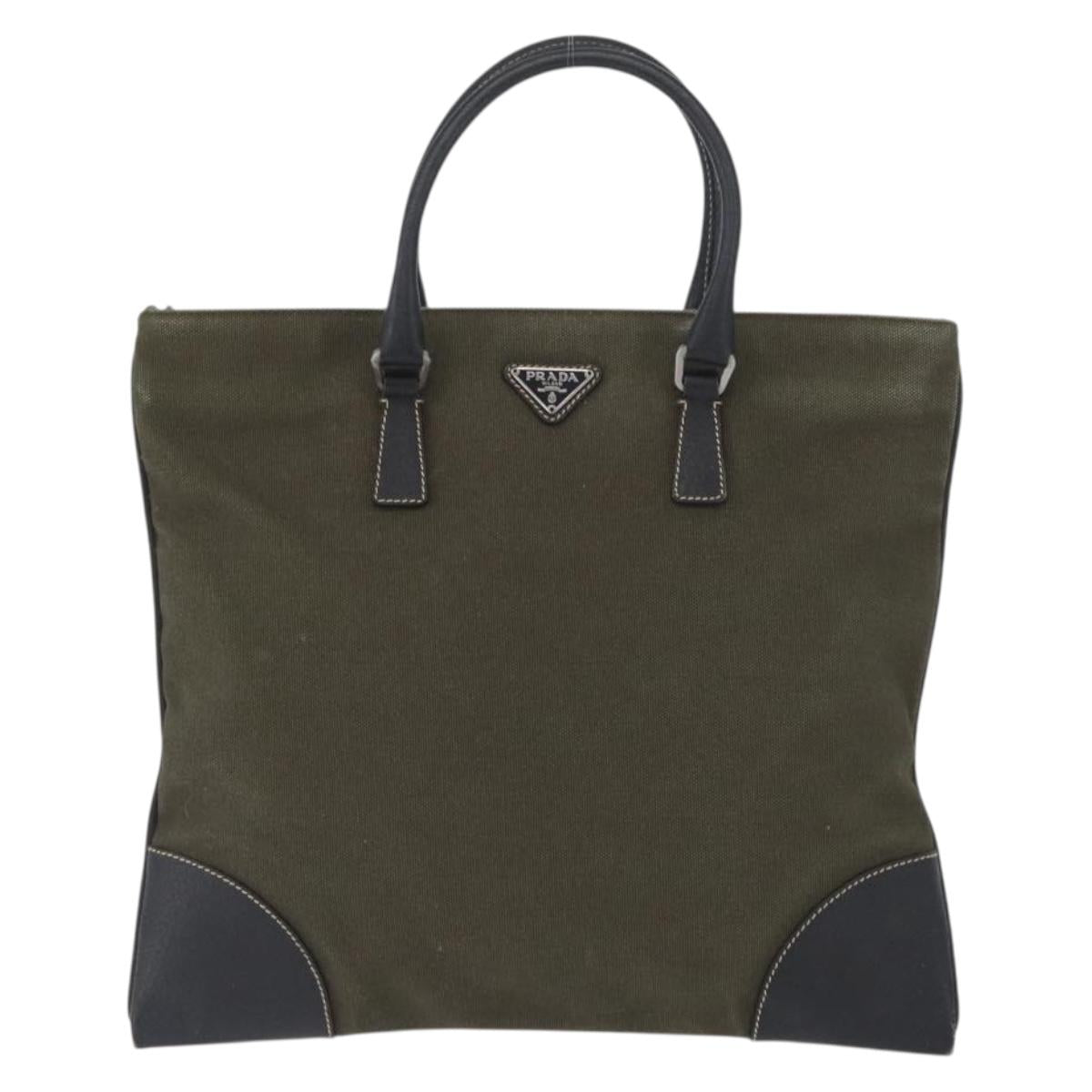 PRADA Hand Bag Canvas Leather Khaki Silver Auth 170921