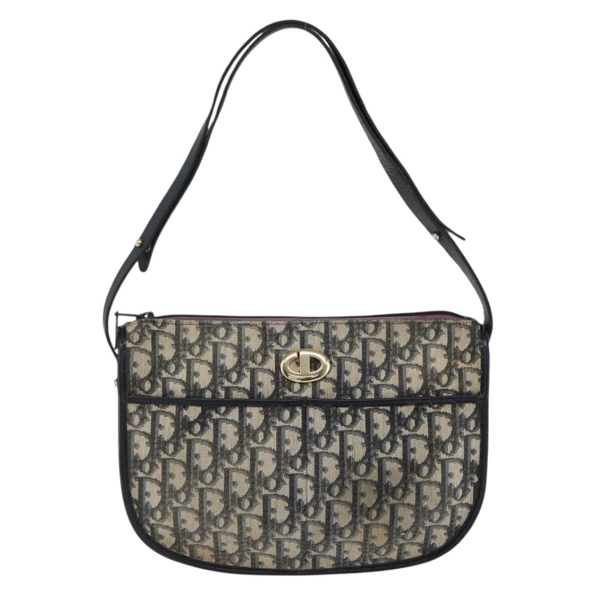 Christian Dior Trotter Canvas Shoulder Bag Navy Gold Auth 170926
