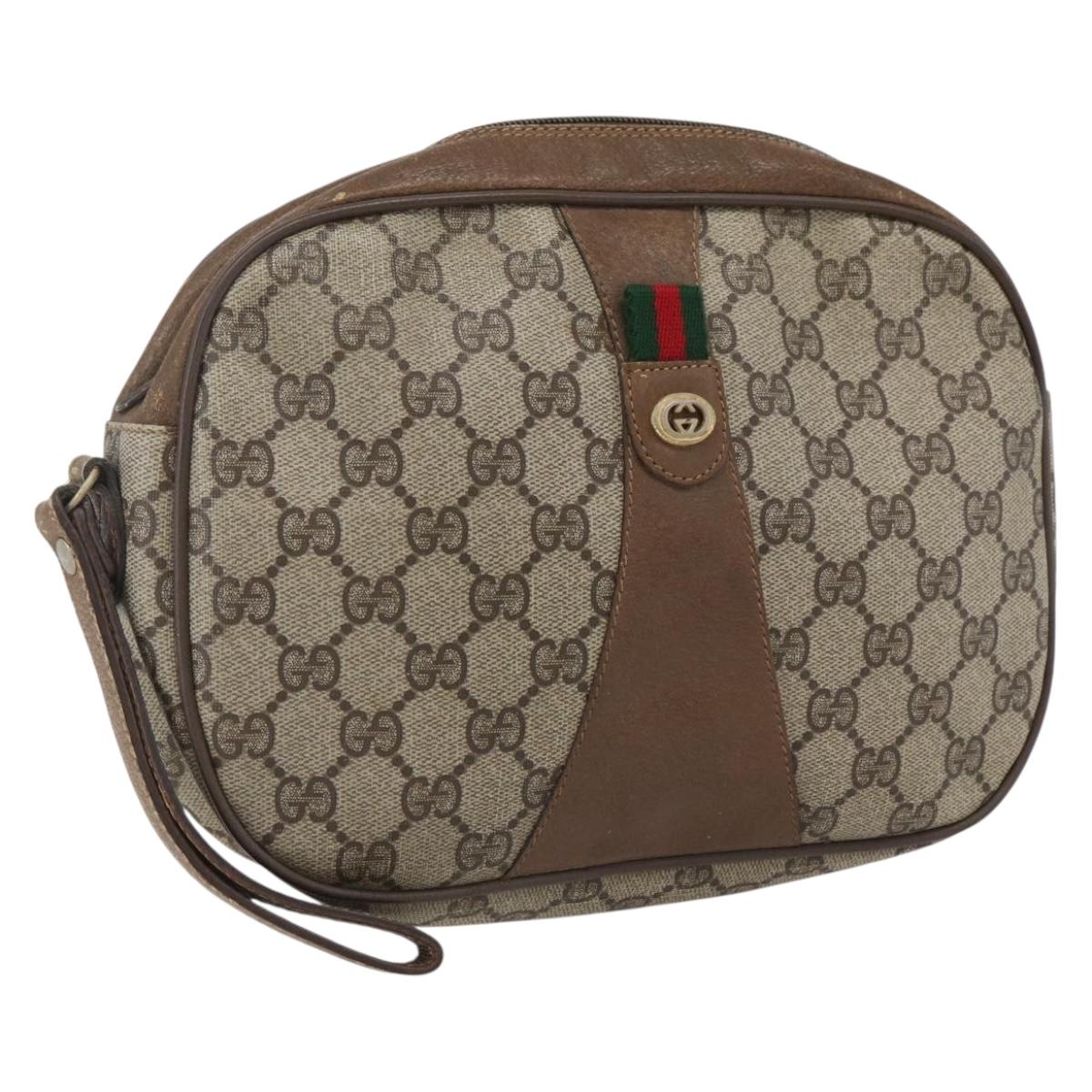 GUCCI GG Supreme Web Sherry Line Clutch Bag PVC Beige Gold 89 01 034 Auth 170931