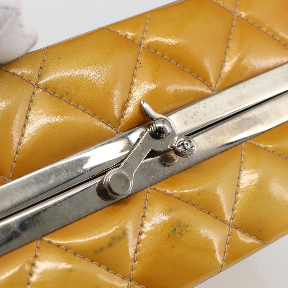CHANEL Matelasse Vanity Box Patent leather Yellow Silver CC Auth 170933