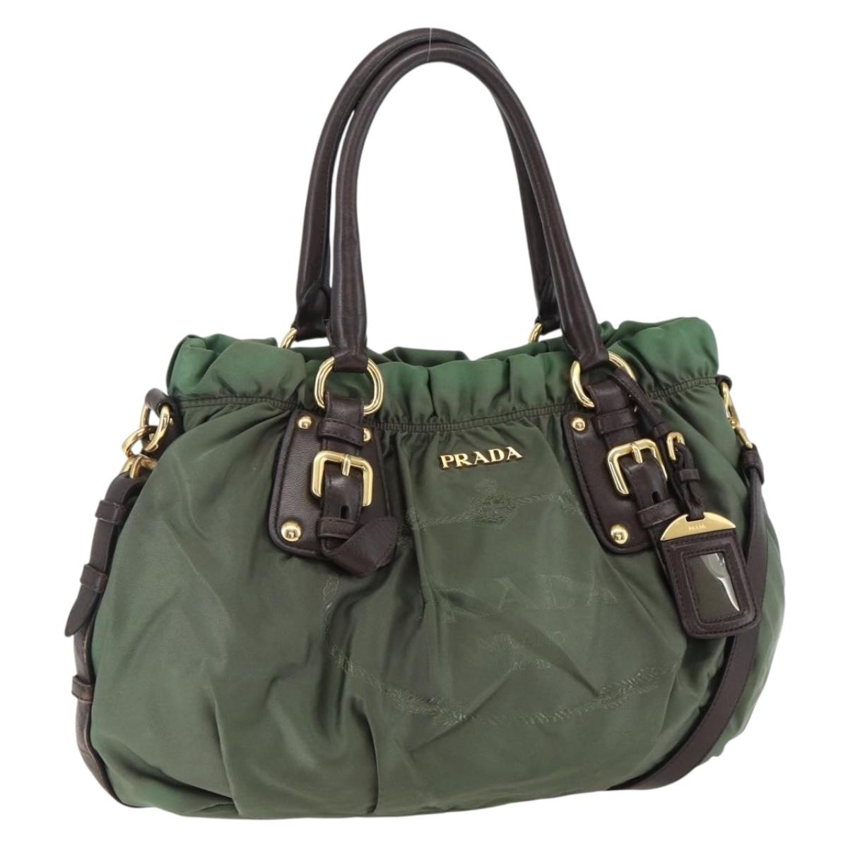 PRADA Hand Bag Nylon 2way Khaki Gold Auth 170942