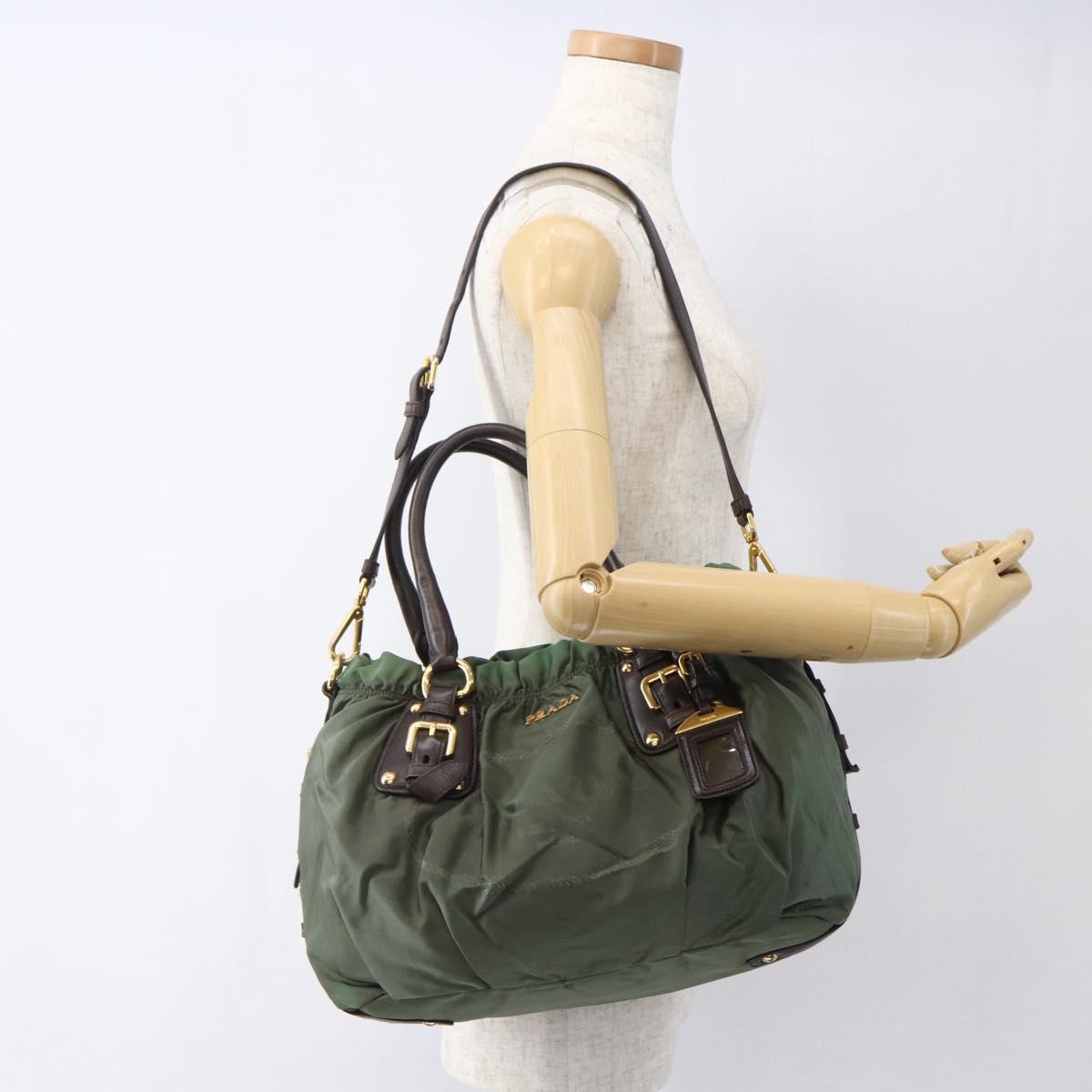 PRADA Hand Bag Nylon 2way Khaki Gold Auth 170942