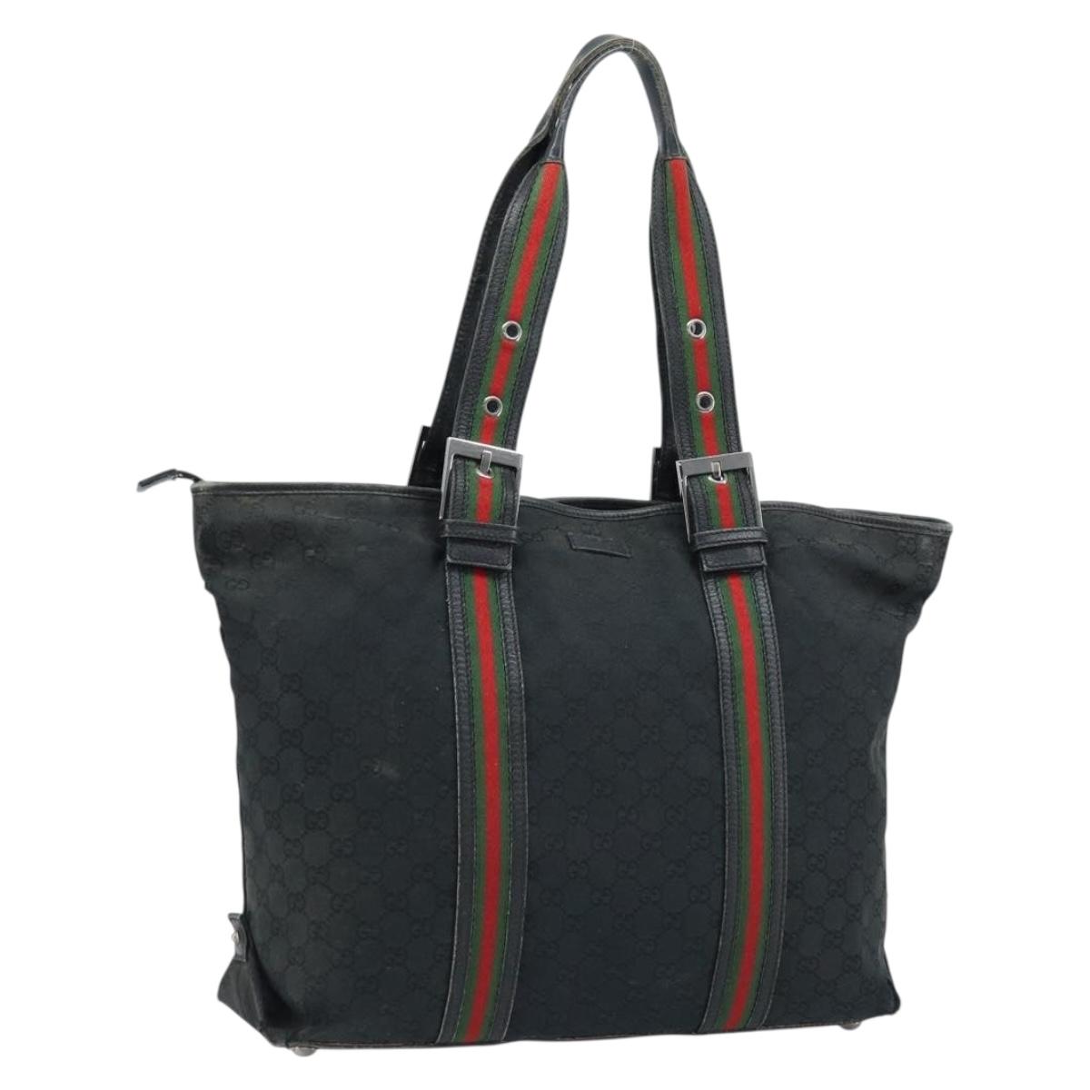 GUCCI GG Canvas Web Sherry Line Tote Bag Black 132898 Auth 170944