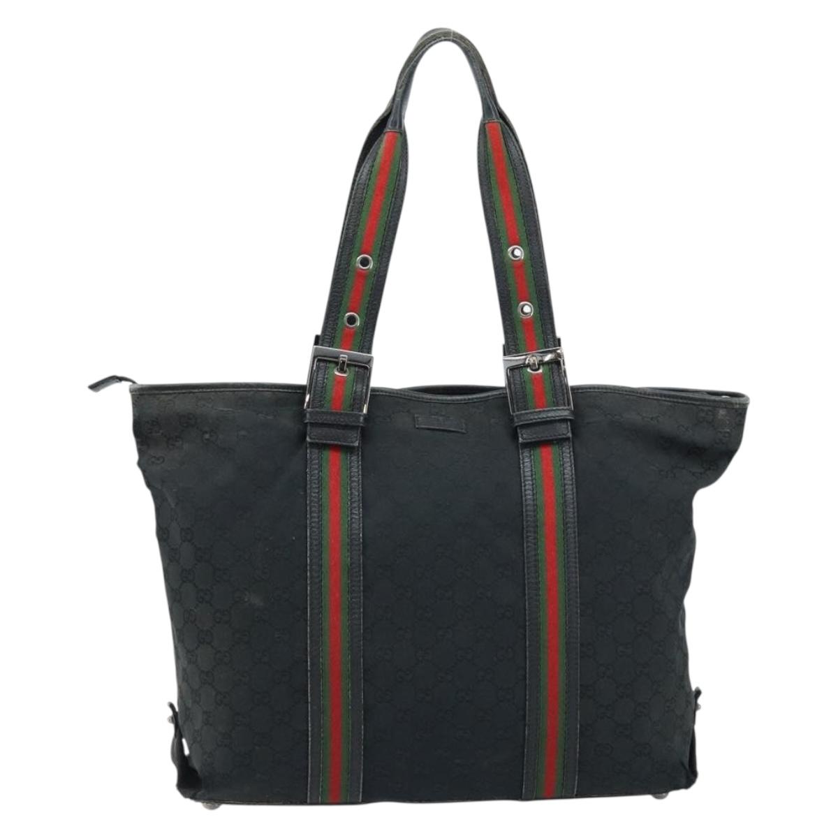 GUCCI GG Canvas Web Sherry Line Tote Bag Black 132898 Auth 170944