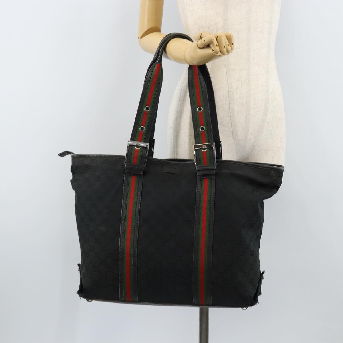 GUCCI GG Canvas Web Sherry Line Tote Bag Black 132898 Auth 170944