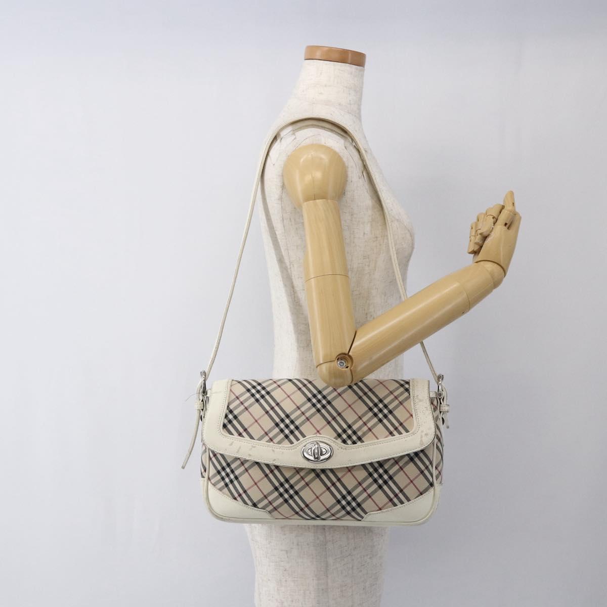BURBERRY Nova Check Shoulder Bag Canvas Leather Beige White Silver Auth 170957