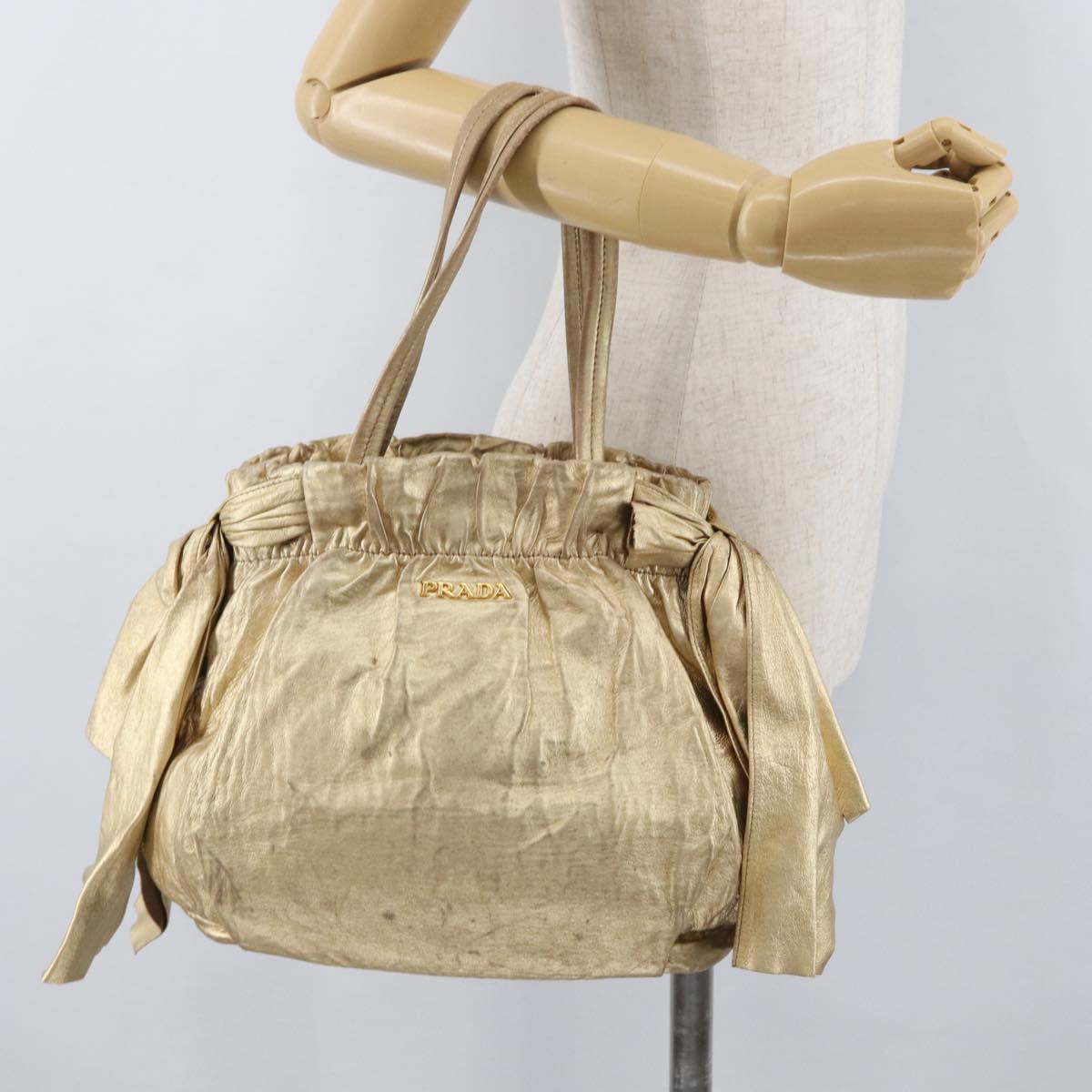PRADA Hand Bag Leather Gold Auth 170966