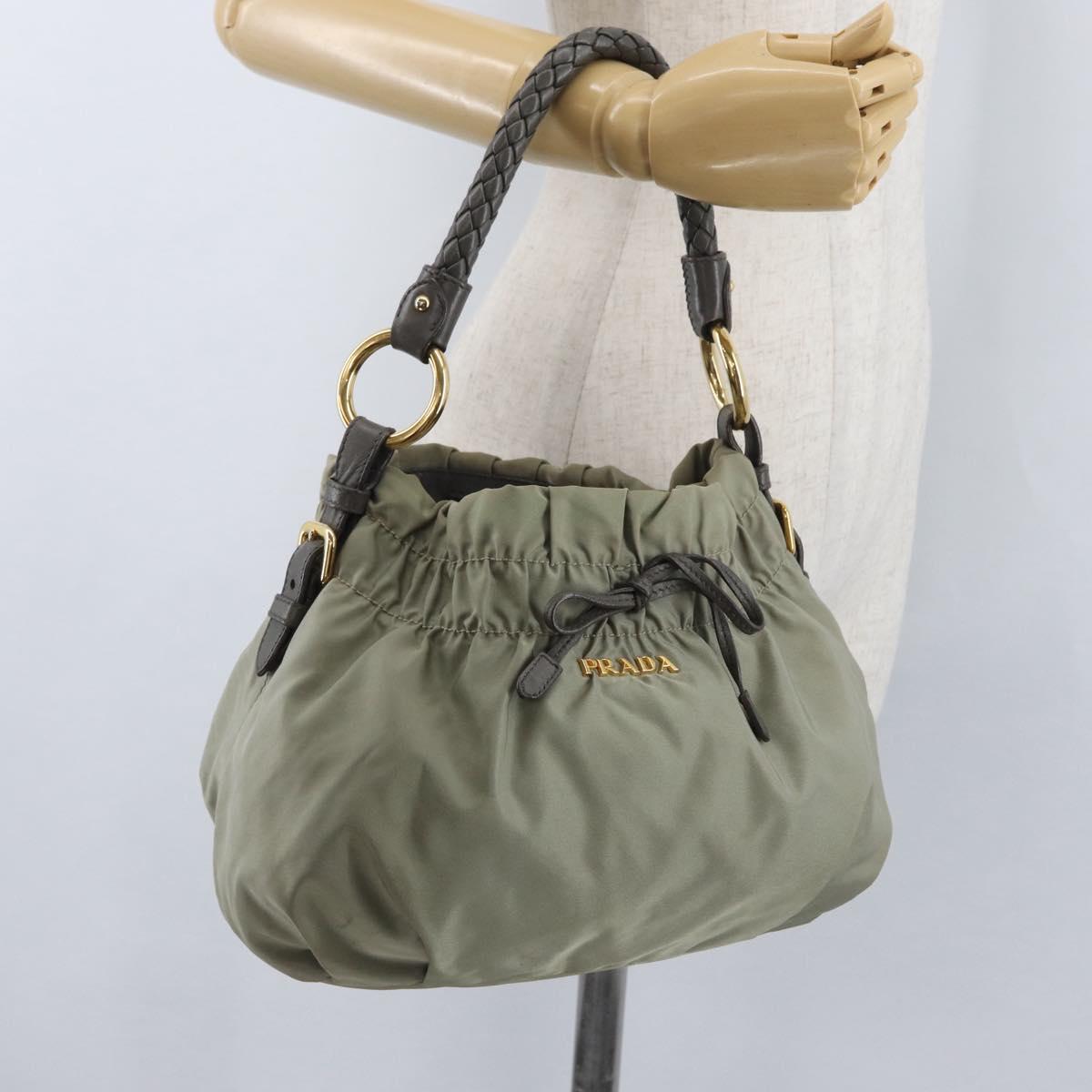 PRADA Shoulder Bag Nylon Leather Gold Light green Auth 170967