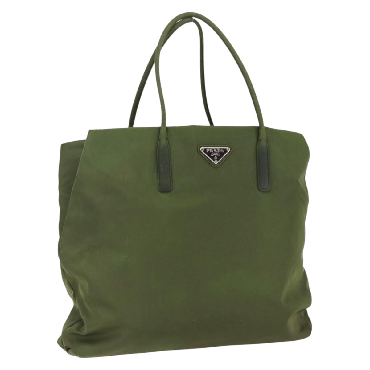 PRADA Tote Bag Nylon Khaki Silver Auth 170968