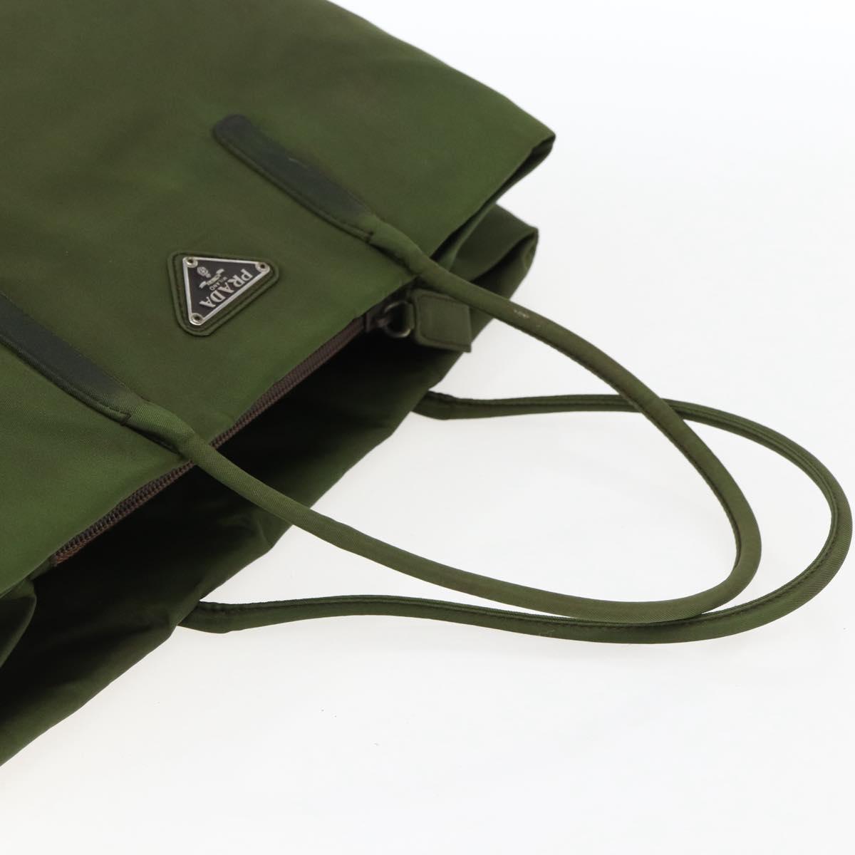 PRADA Tote Bag Nylon Khaki Silver Auth 170968