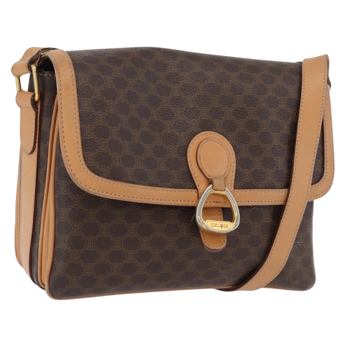 CELINE Macadam Canvas Shoulder Bag PVC Leather Brown Gold Auth 170993