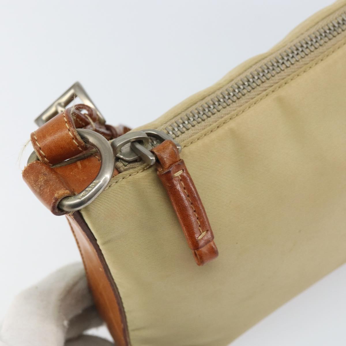 PRADA Hand Pouch Nylon Leather Beige Silver Auth 171021