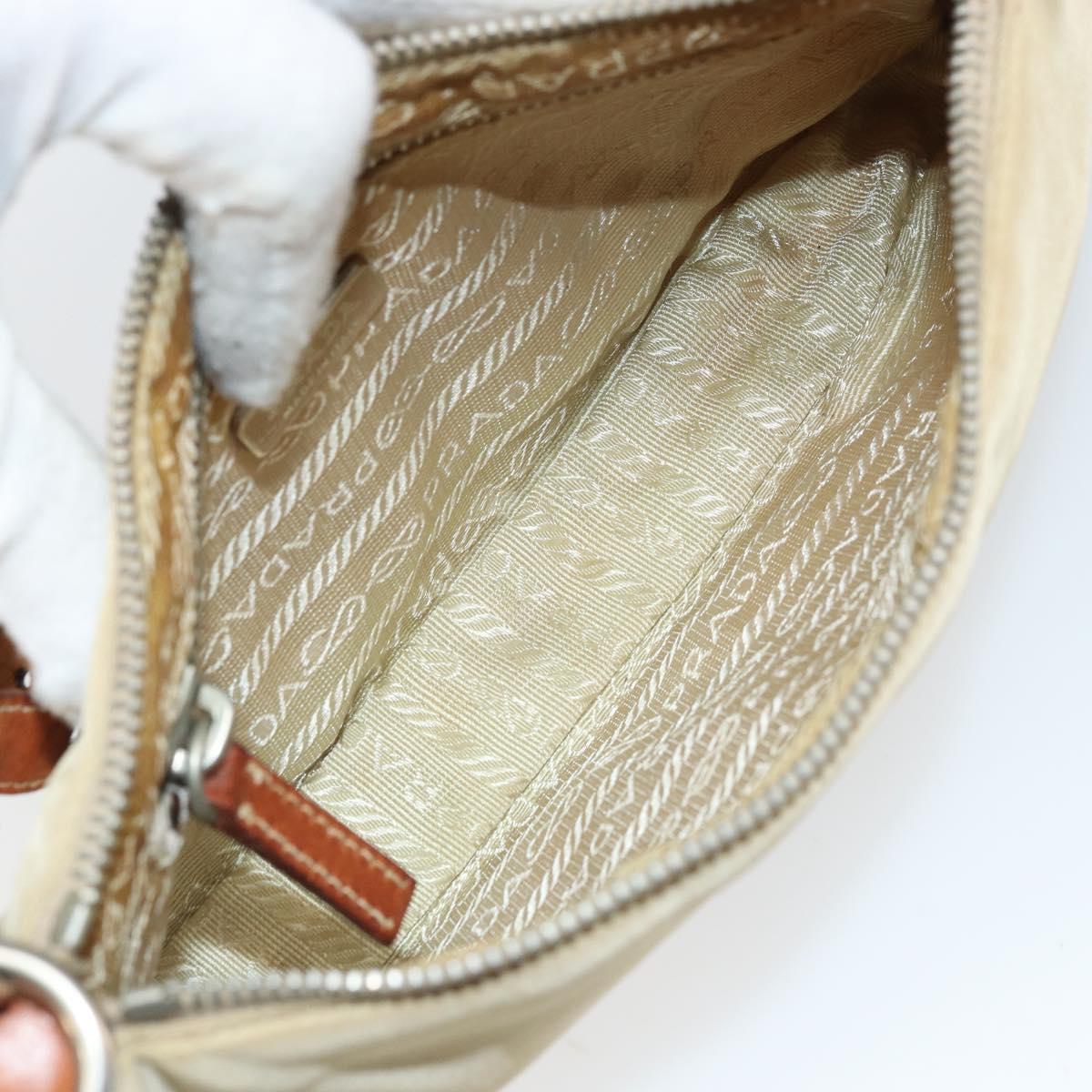 PRADA Hand Pouch Nylon Leather Beige Silver Auth 171021