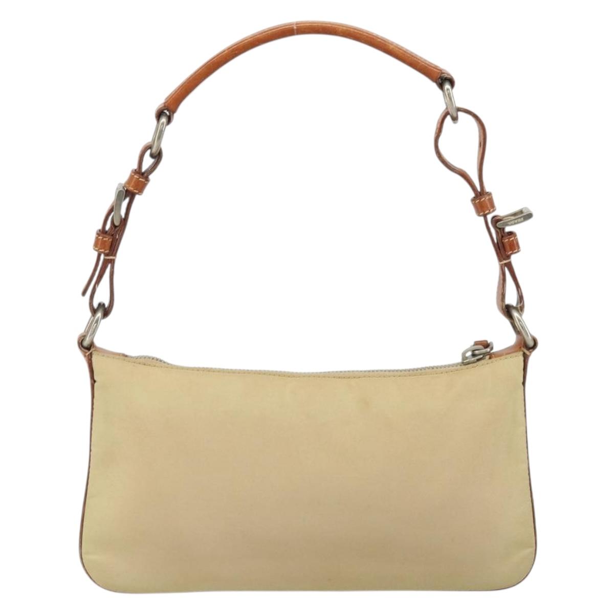 PRADA Hand Pouch Nylon Leather Beige Silver Auth 171021