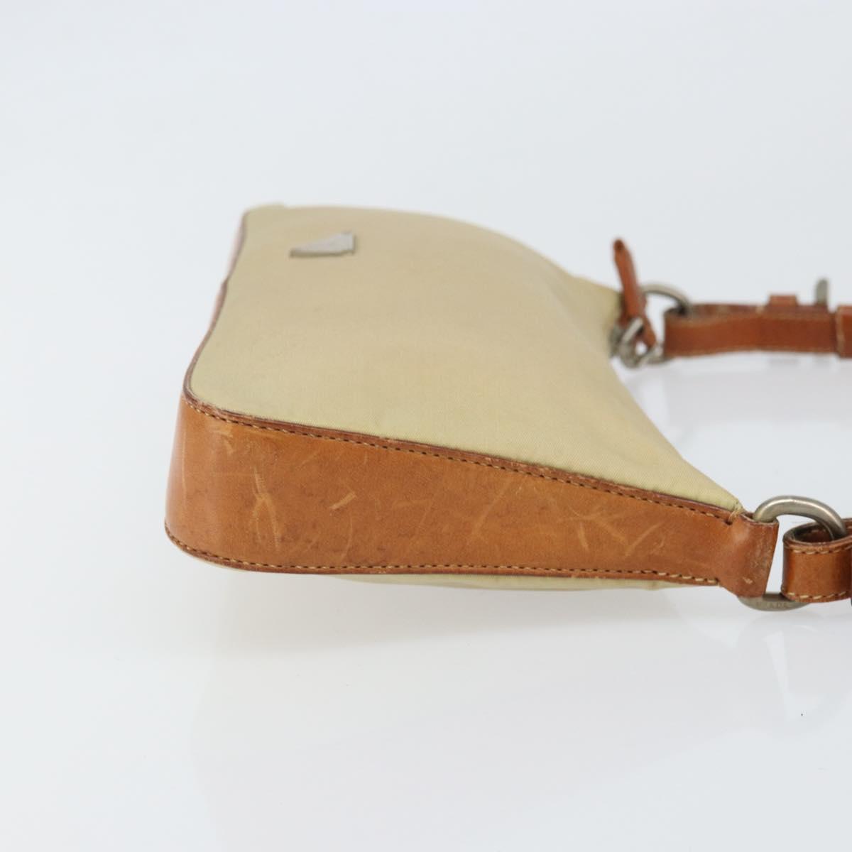 PRADA Hand Pouch Nylon Leather Beige Silver Auth 171021
