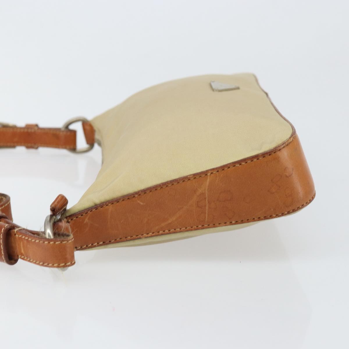 PRADA Hand Pouch Nylon Leather Beige Silver Auth 171021