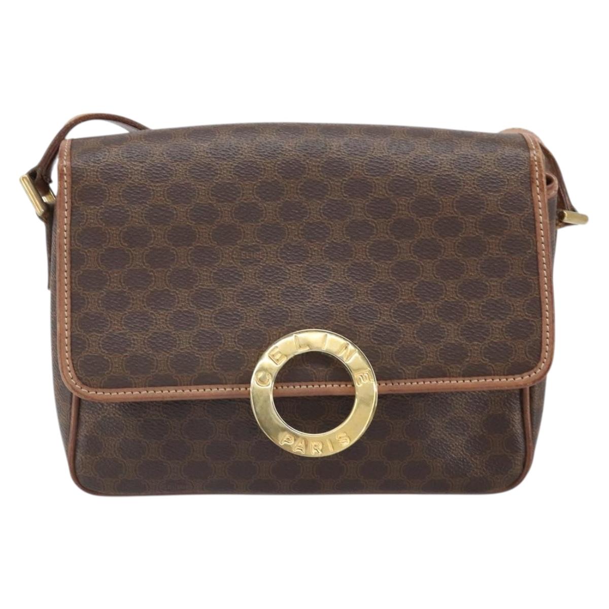 CELINE Macadam Canvas Circle Shoulder Bag PVC Leather Brown Gold Auth 171041