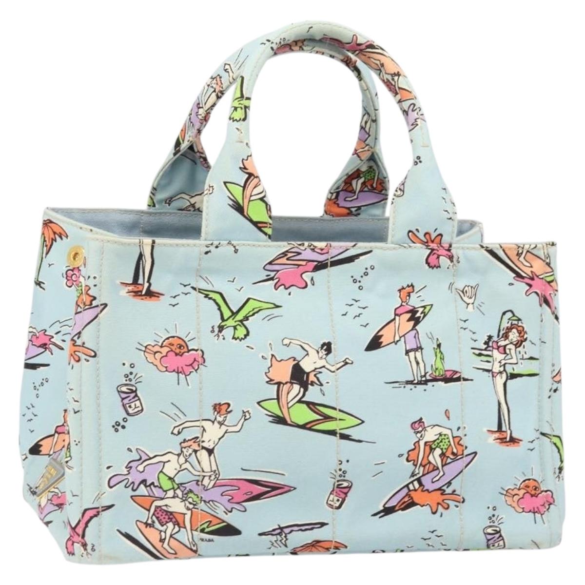 PRADA Canapa MM Hand Bag Canvas Light Blue Gold Auth 171056