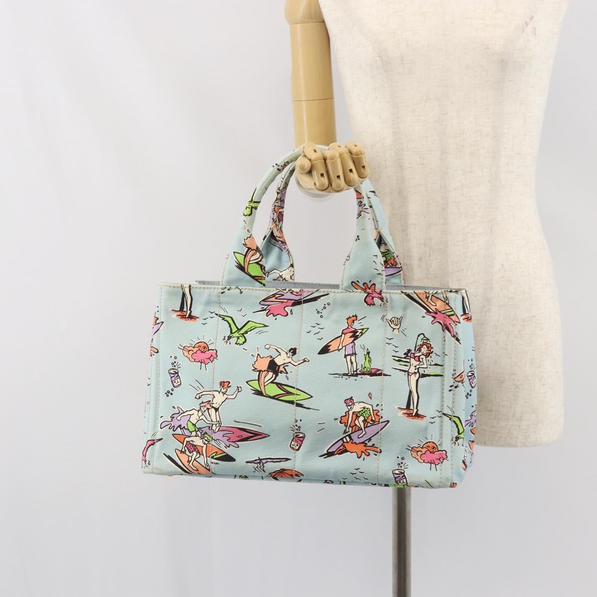 PRADA Canapa MM Hand Bag Canvas Light Blue Gold Auth 171056