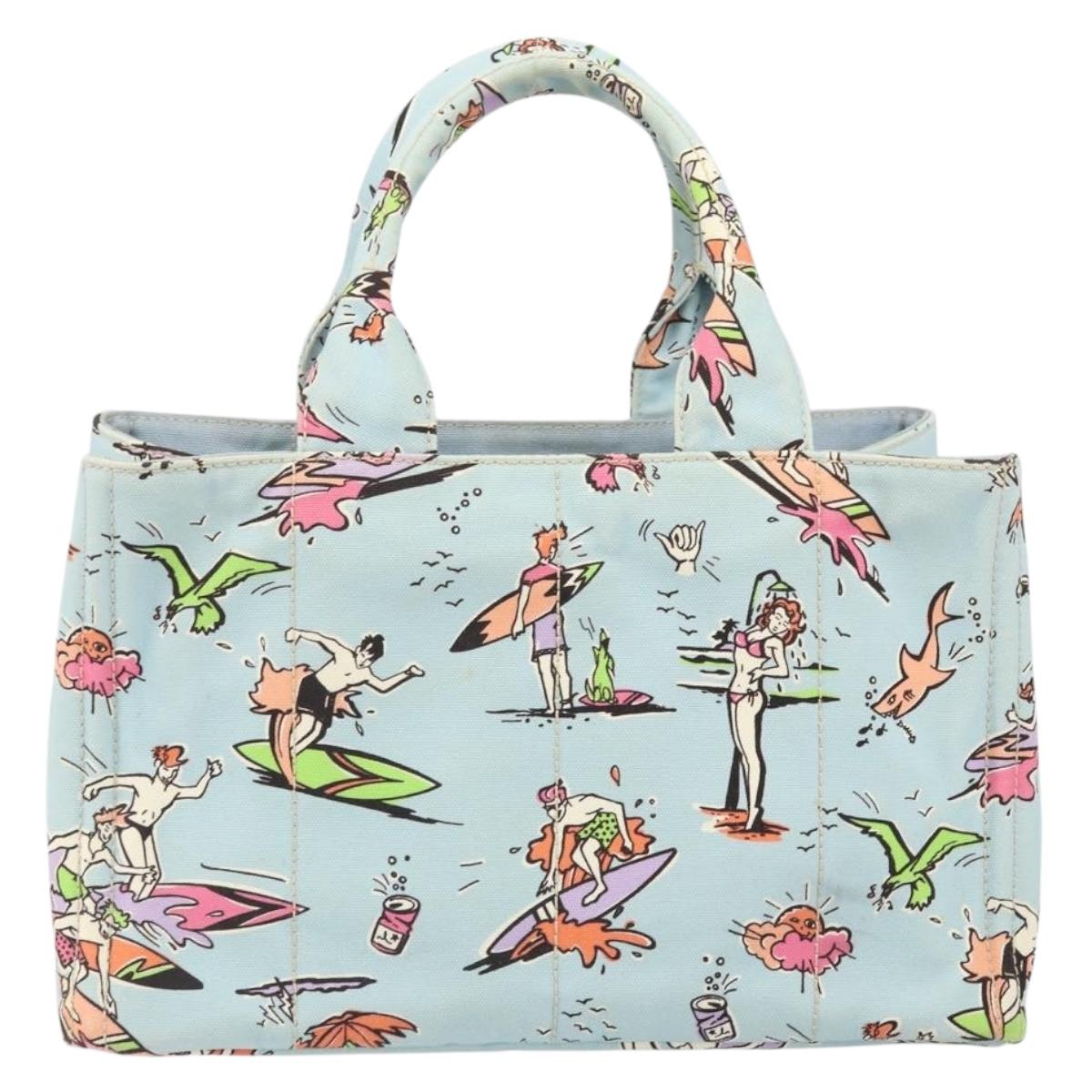 PRADA Canapa MM Hand Bag Canvas Light Blue Gold Auth 171056