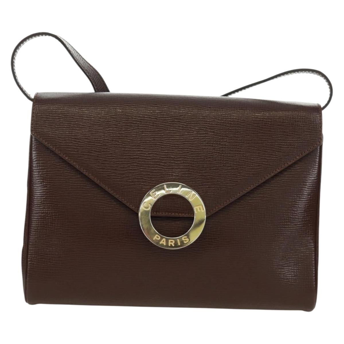 CELINE Circle Shoulder Bag Leather Brown Gold Auth 171061A