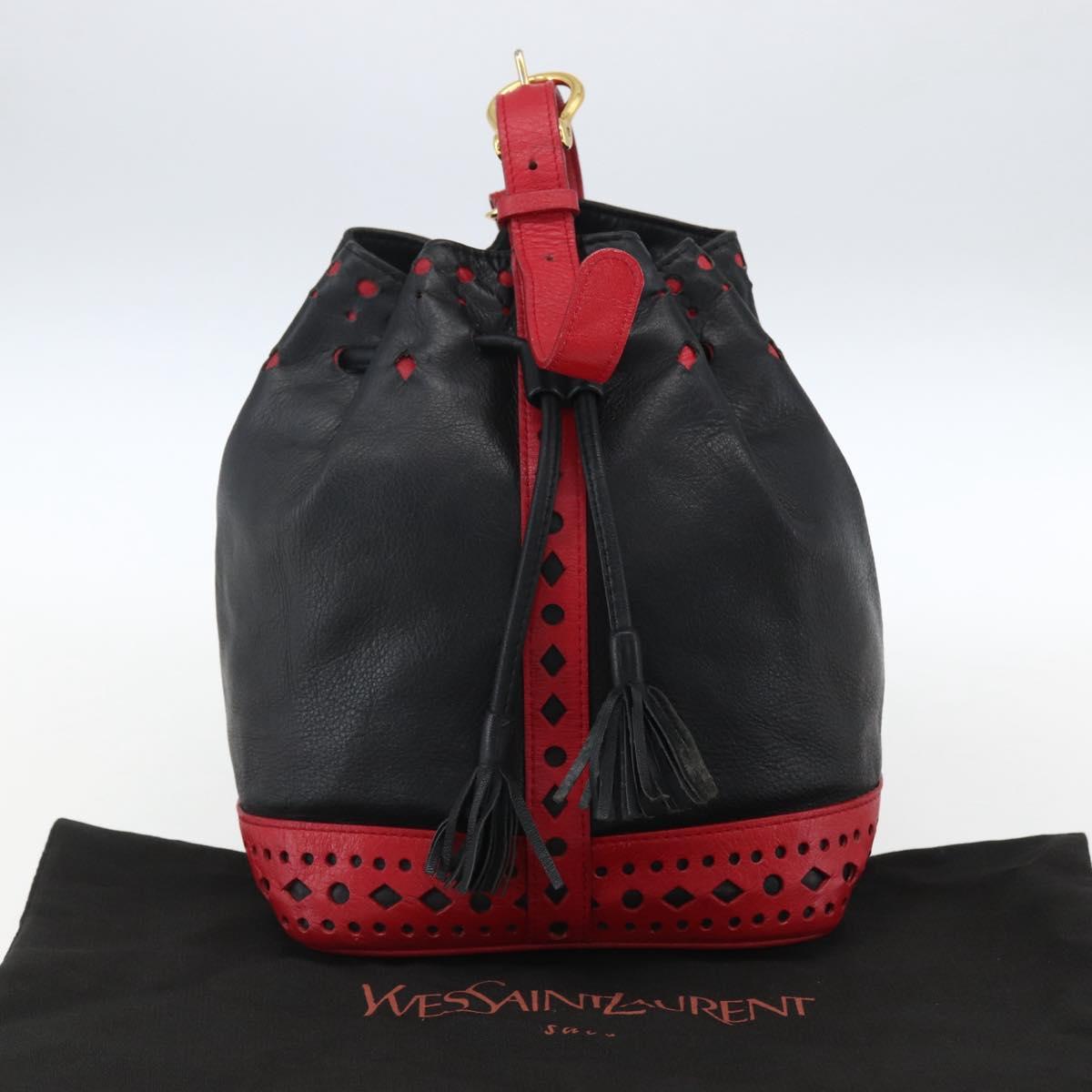SAINT LAURENT Shoulder Bag Leather Black Red gold Auth 171068V