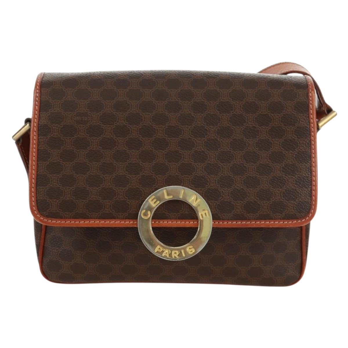 CELINE Macadam Canvas Circle Shoulder Bag PVC Leather Brown Gold Auth 171071A