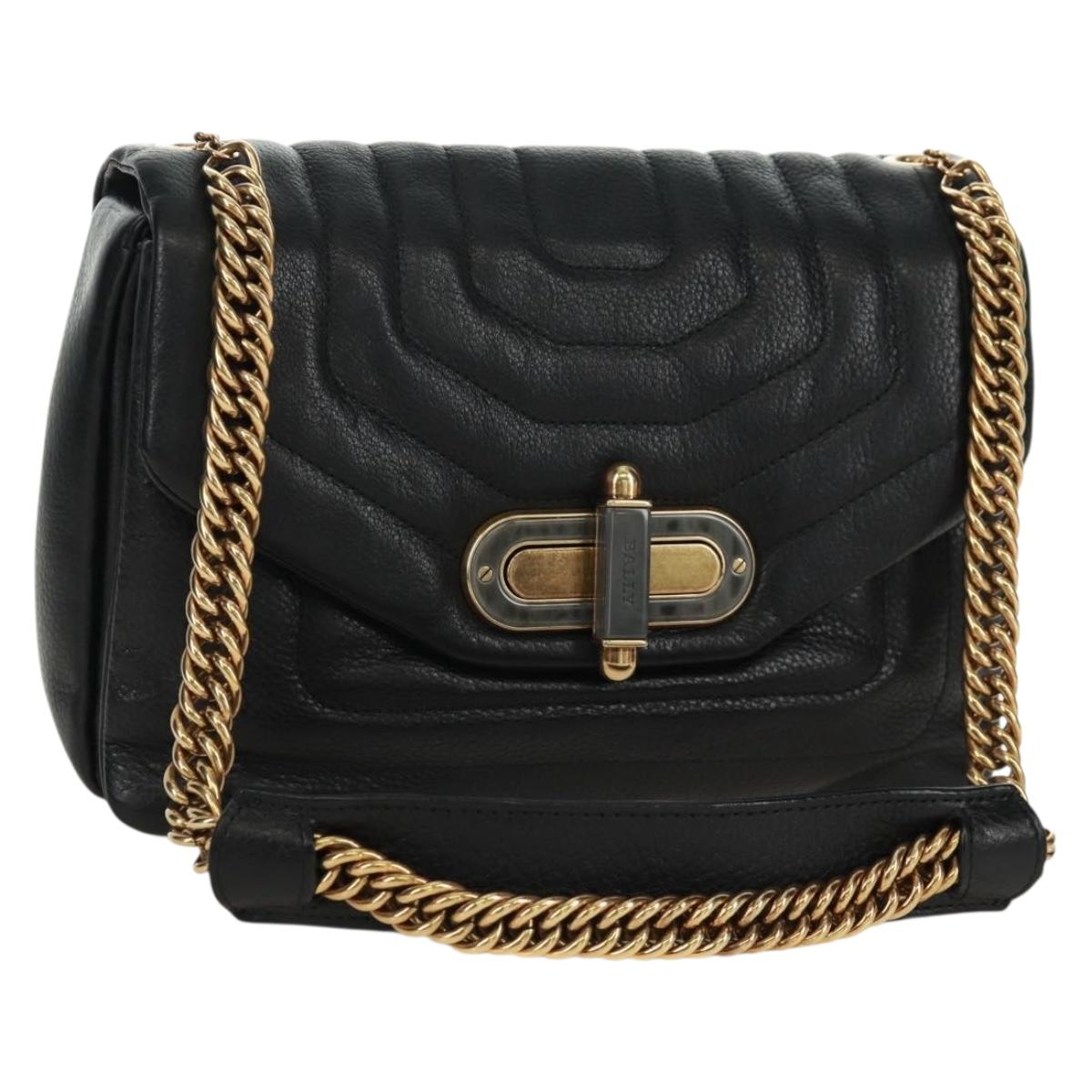 BALLY Chain Shoulder Bag Leather Black Gold Auth 171094V