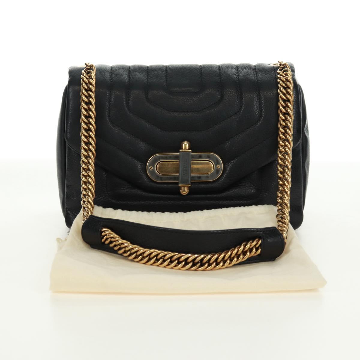 BALLY Chain Shoulder Bag Leather Black Gold Auth 171094V