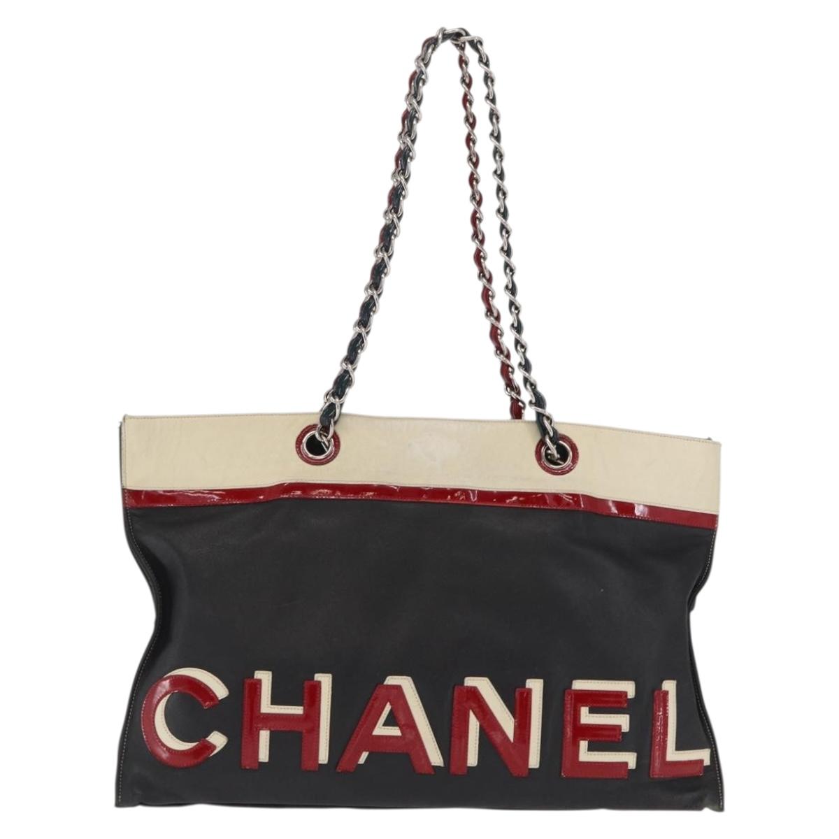 CHANEL Chain Tote Bag Leather Black Silver CC Auth 171101